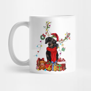 Black Dachshund Reindeer Santa Christmas Color Lights Mug